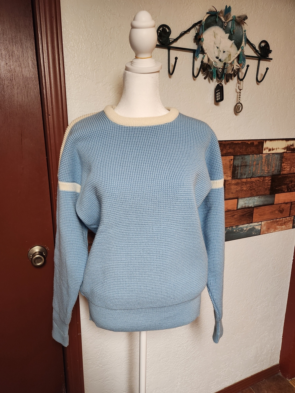 Classic Crewneck Knit Sweater in Light Blue with Cream Trim
